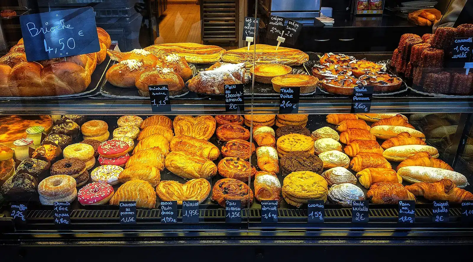 A display of French bakery pastries