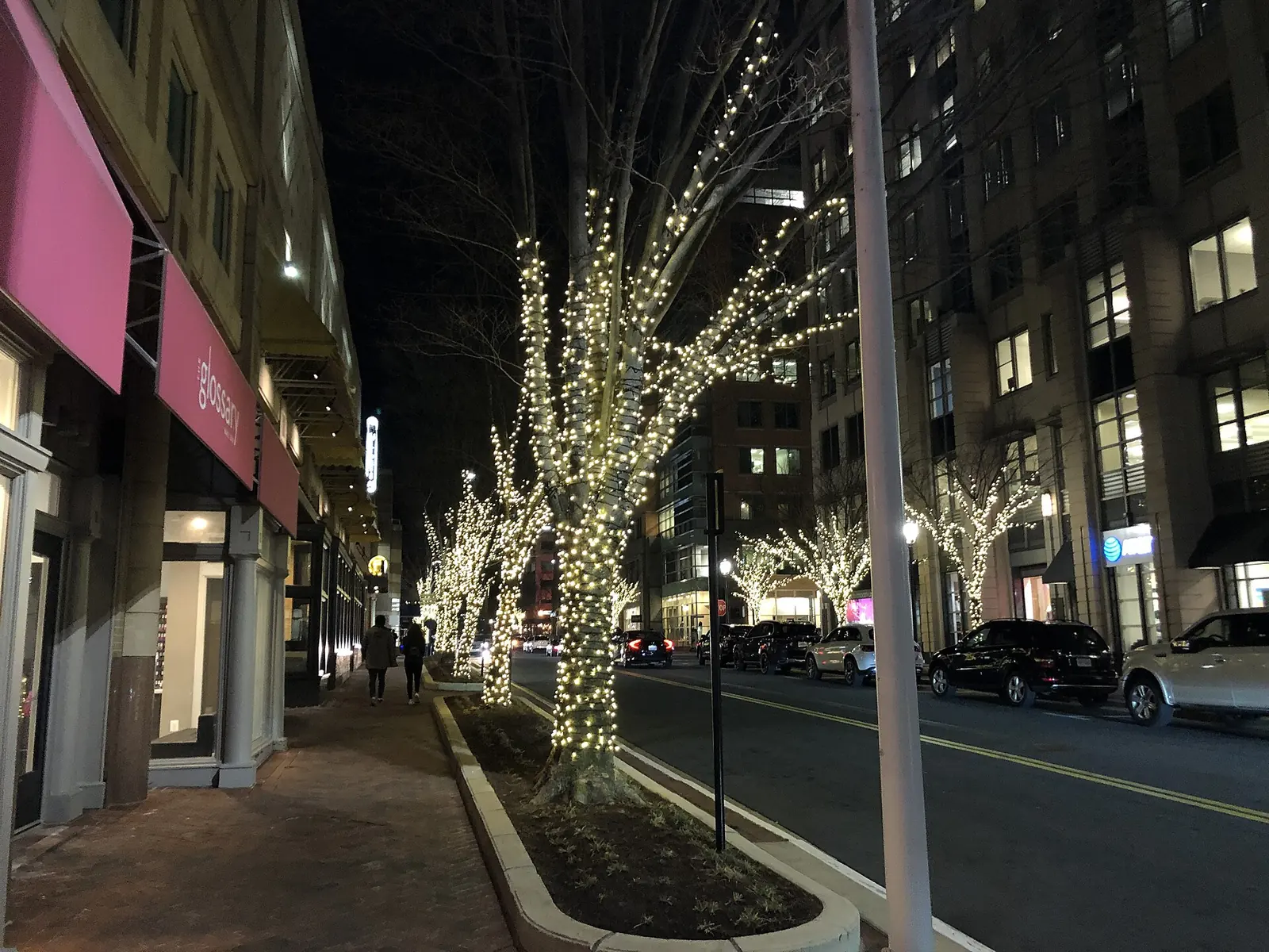 Street trees wrapped in white lights along Library Street at Reston Town Center at night