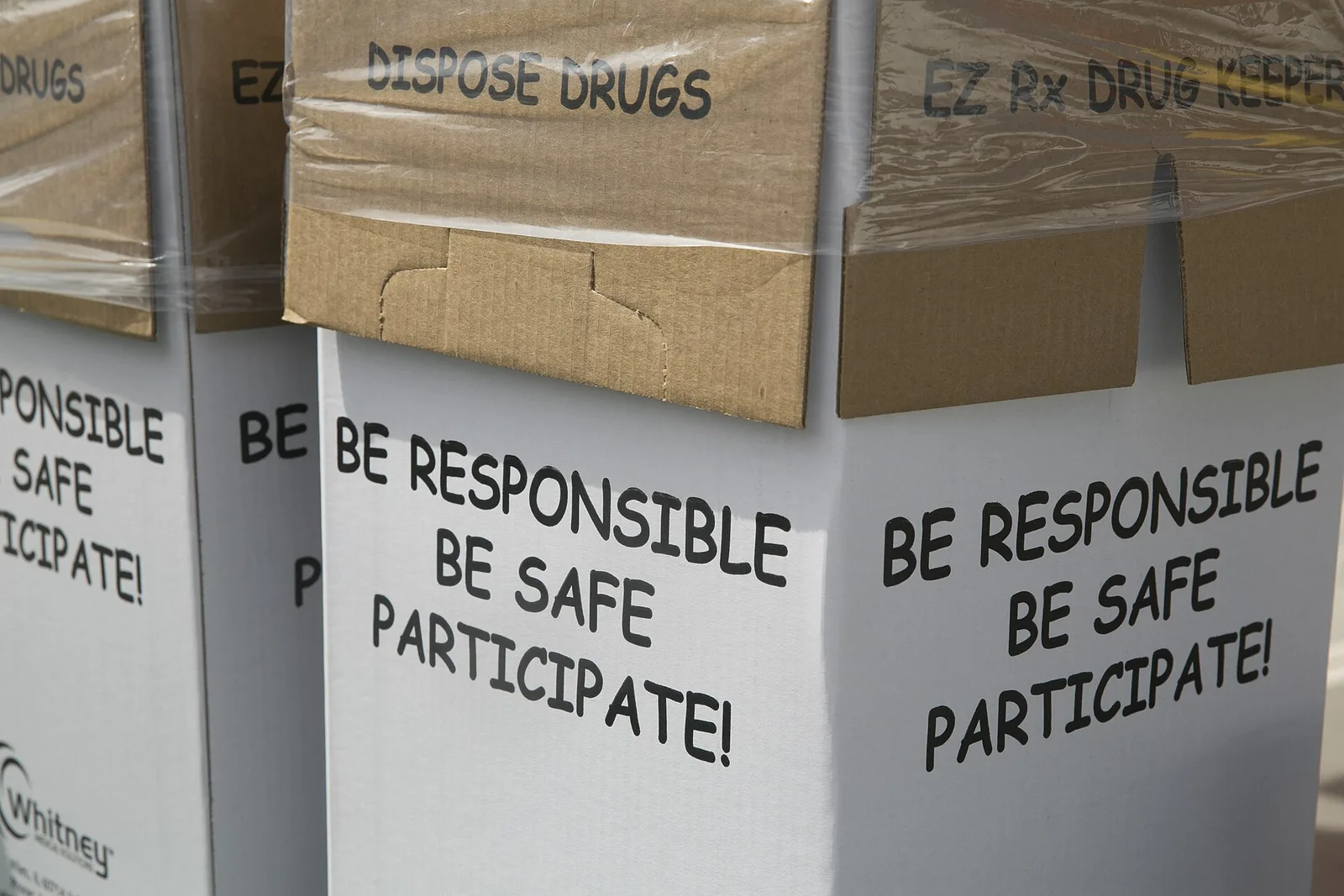 Sealed collection boxes at a prescription drug take-back event at a Marine Corps base in California. The picture does not show the Reston site.