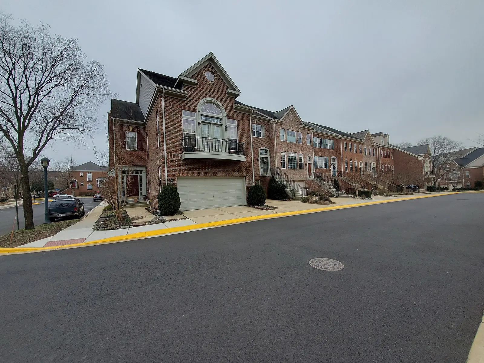 A row of brick townhomes in the West Market community across from Reston Town Center