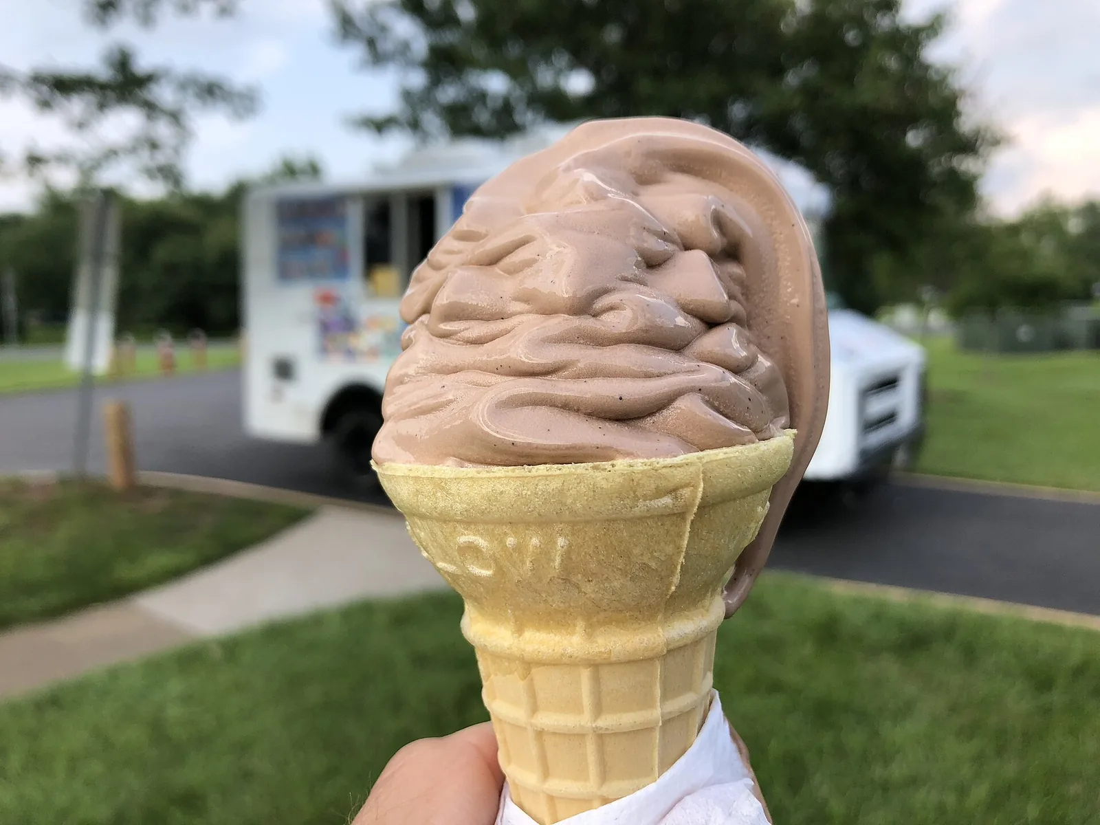 A chocolate soft-serve ice cream cone, photographed in the Franklin Farm section of Oak Hill