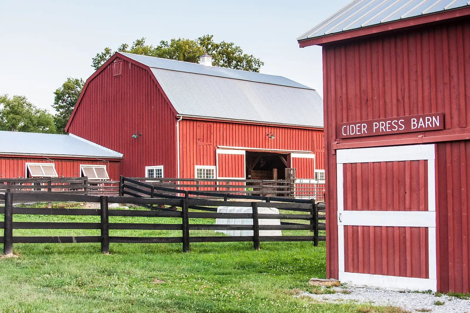 Red barns and the cider press barn at Kidwell Farm in Frying Pan Farm Park, just west of Reston
