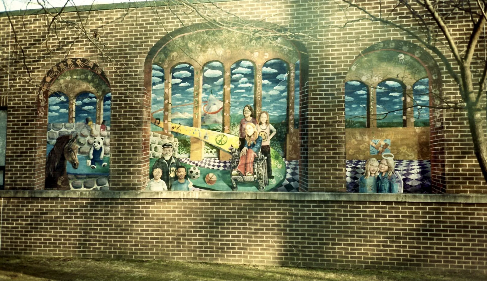 A tile and brick wall mural at Hunters Woods Elementary School for the Arts and Sciences on Colts Neck Road in Reston