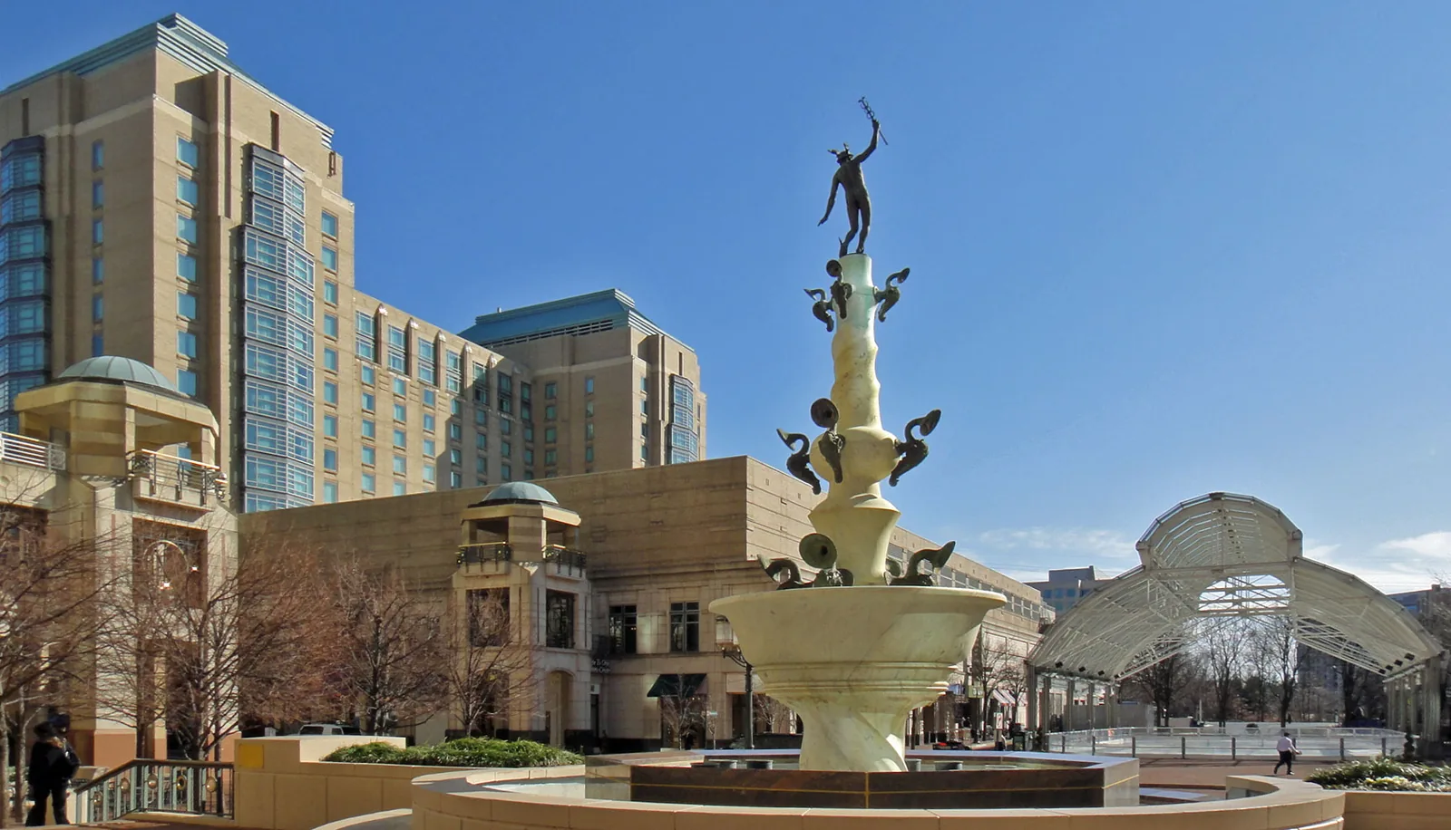 The Mercury Fountain on Fountain Square at Reston Town Center, with shops and offices behind it