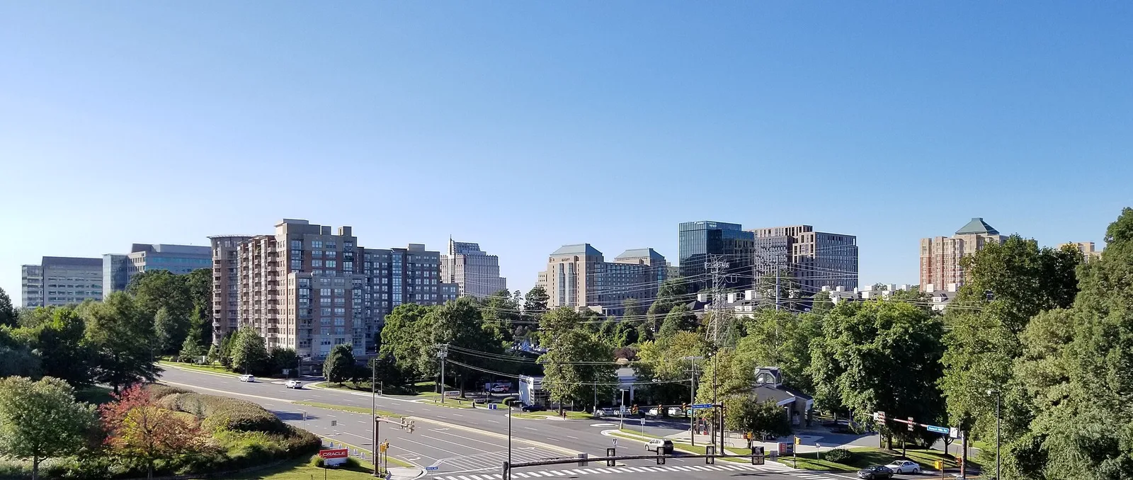 The towers of Reston Town Center and the surrounding high-rises, seen from Sunset Hills Road