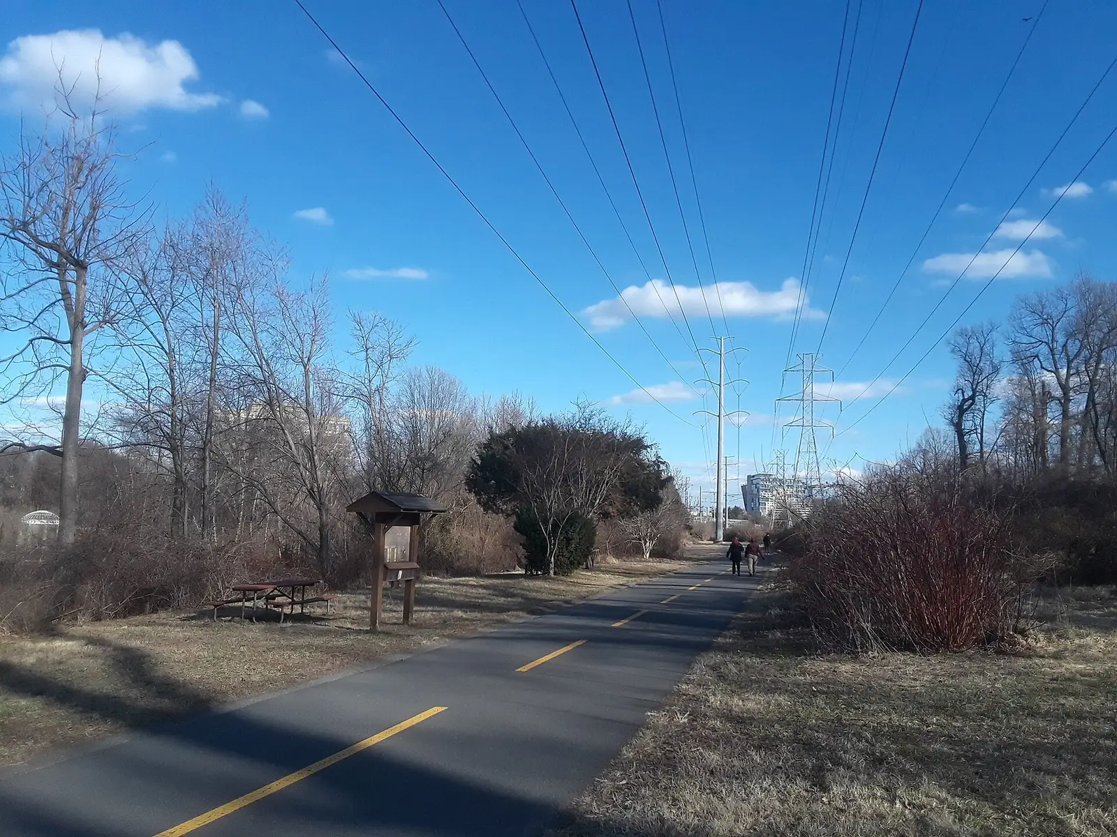 The paved W&OD Trail running beside a power line corridor in Reston