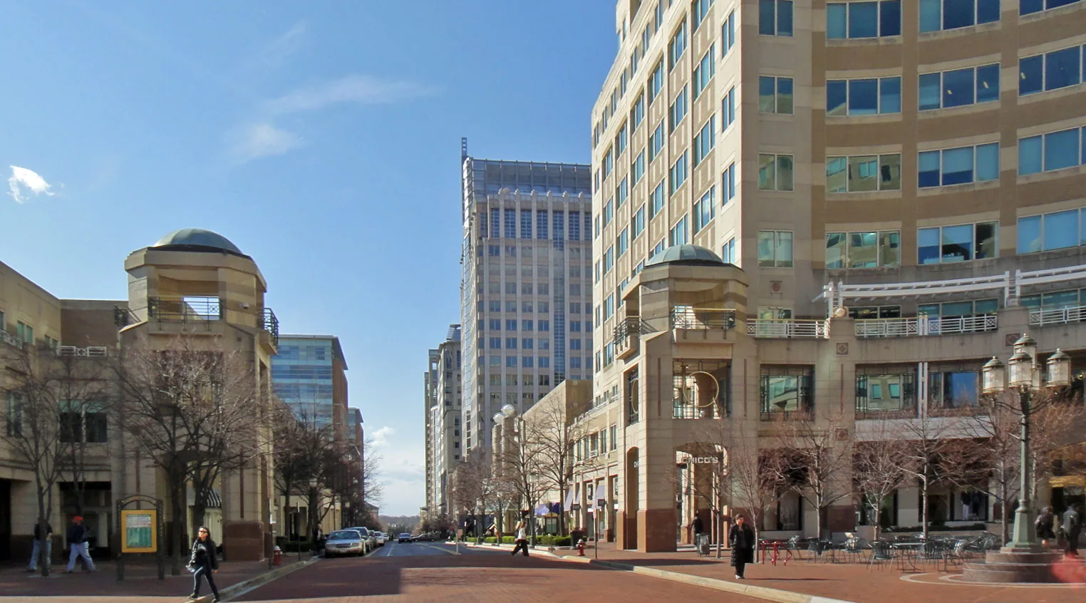 The brick plaza and office towers at Reston Town Center, where many of Reston's restaurants are